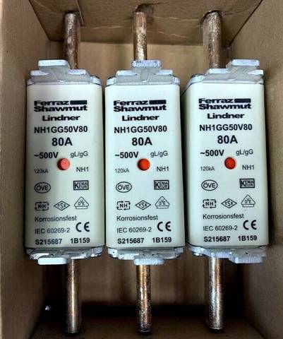 3x Ferraz Shawmut Lindner NH1GG50V80 Fuse Link Size NH1 500V 80A