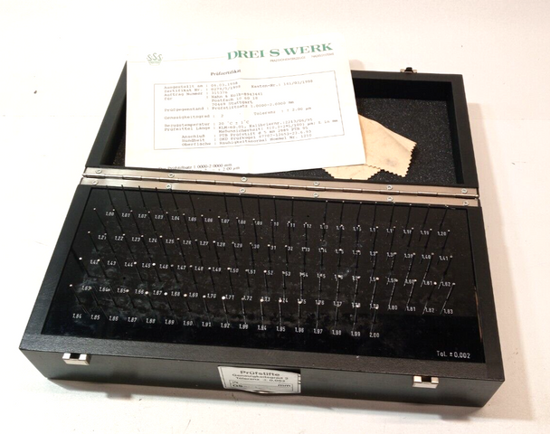 Atorn test pin set in wooden case, nominal size of test pins: 1.00-2.00 mm in 0.02 mm increments