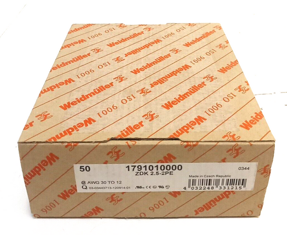 50 x Weidmüller Terminal Blocks 17910100 Type ZDK 2.5-2PE