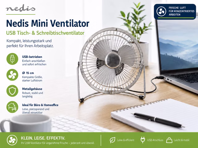 Nedis Mini Ventilator Schreibtisch Tischventilator USB Ø15cm