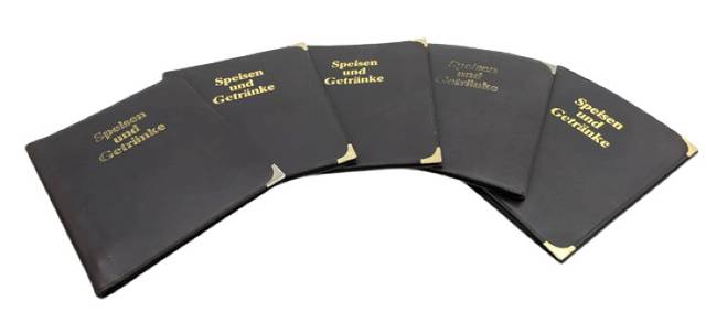 5x menu folder with gold foil embossing and rubber binding