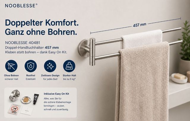 Tesa NOOBLESSE Double Towel Rail 40481 Stainless Steel Wall Mounting without drilling