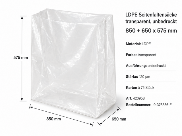 75x LDPE Side Gusset Bags Industrial Bags 850+650x575 mm 120 my