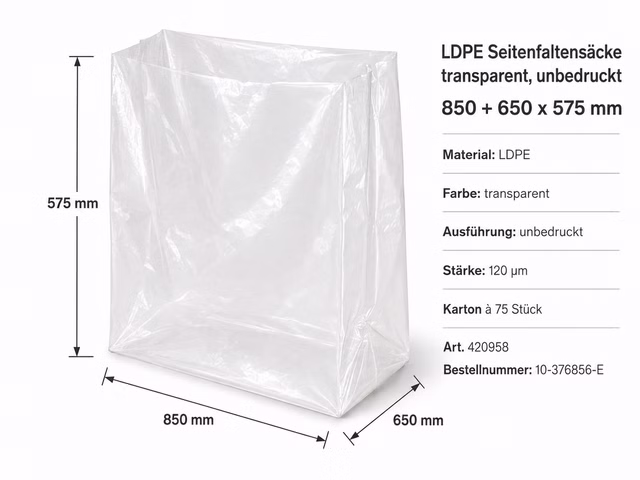 75x LDPE Seitenfaltensäcke Industriesäcke 850+650x575 mm 120 my 