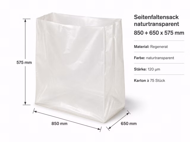 75x Seitenfaltensäcke Faltbeutel 850+650x575 mm 120 my Regenerat