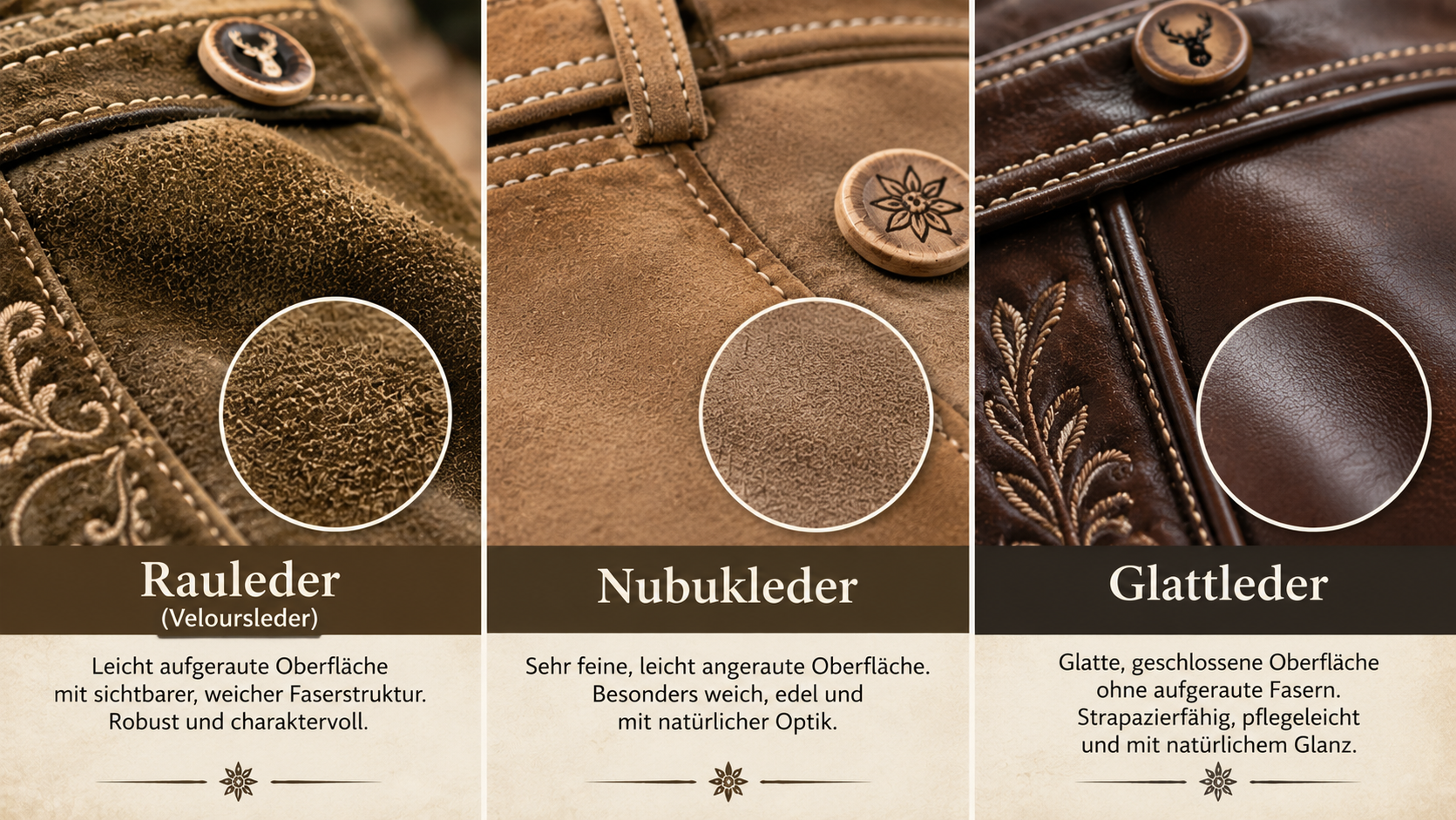 Ledertexturen im Vergleich: Rauleder, Nubukleder, Glattleder