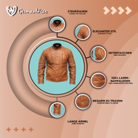 Men fashion Nappa-leather sheep skin jacket Brown Antique brown men’s leather jacket by German Wear, crafted from premium lamb nappa leather with zipper closure, snap fasteners at neck, chest & waist zip pockets, inside pocket, soft comfort fit, elegant antique pattern, versatile fashion wear.