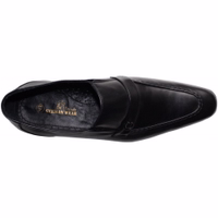 Men's traditional leather Shoes Black Inner view of traditional black moccasin shoes made from 100% cowhide leather. Features include a block heel, rubber sole, and standard sole width, with text indicating 'German wear' on the interior.