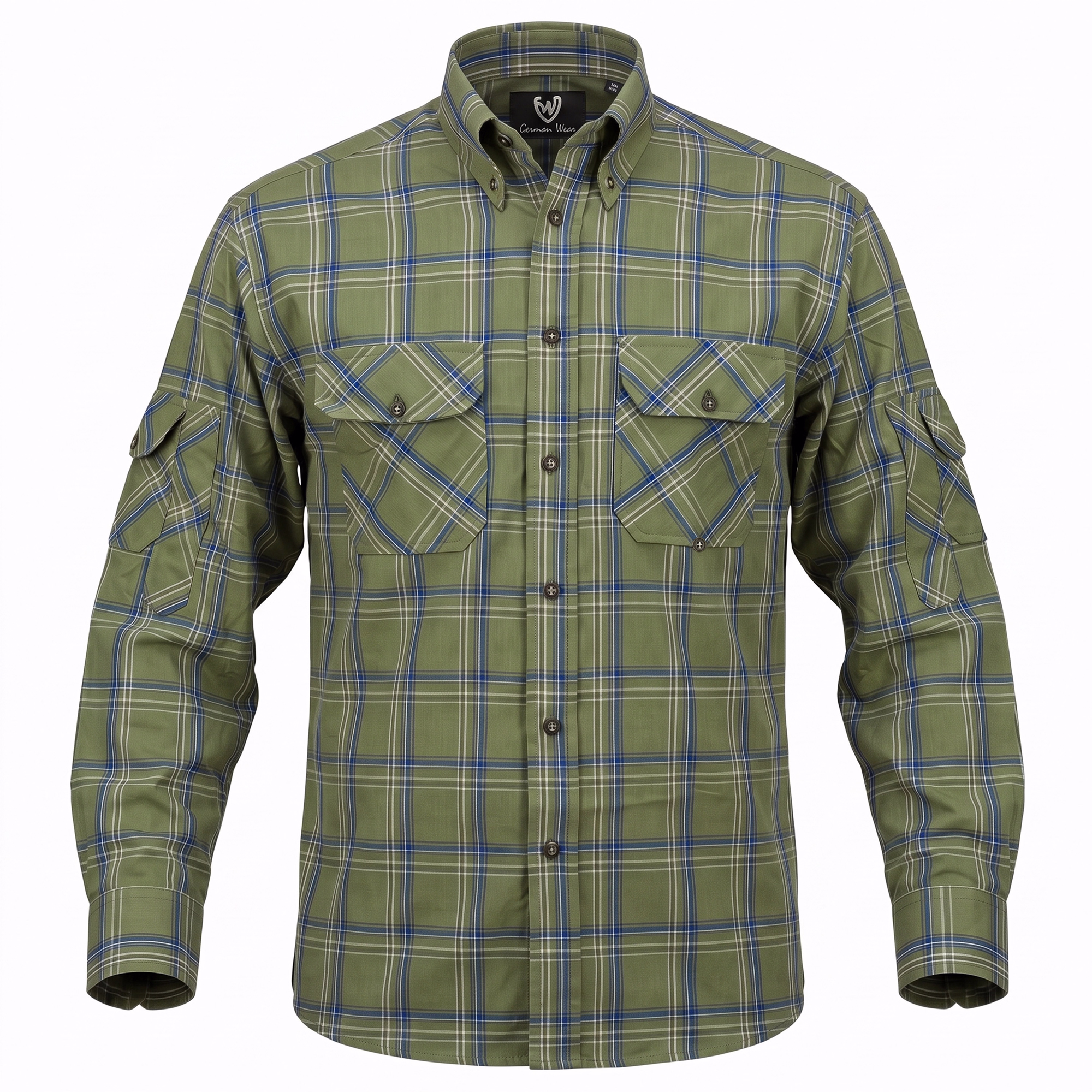 Front1-1014-GW1212x-Jagdhemd-fuer-Herren--Gruen-kariertes-Jagdhemd--Outdoor-Jagdhemd--Deutsches-Jagdhemd--Atmungsaktives-Jagdhemd-aus-Baumwolle-und-Polyester--Oktoberfest-Karhemd--Traditio.jpg