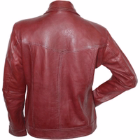 Rear view of ladies Red leather blazer, Experience the Nappa leather blazer jacket. it's the perfect addition to your wardrobe. Featuring premium quality. Stand-up collar, Zipper closure, Long sleeves, Side pockets with zipper,& Zippered cuffs Order today