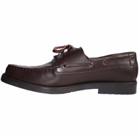 Men's leather Shoes Dark Brown A side view of elegant dark brown handmade leather shoes featuring a decorative leather strap, block heel, and rubber sole. These simple yet sophisticated sailing shoes are crafted from the finest cowhide leather, showcasing their quality and style.
