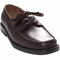 Men's leather Shoes Dark Brown Front view of dark brown men's moccasin shoes, showcasing their handmade craftsmanship. Features include a block heel, normal sole width, lace fastener, and a decorative leather strap crafted from the finest cowhide leather.