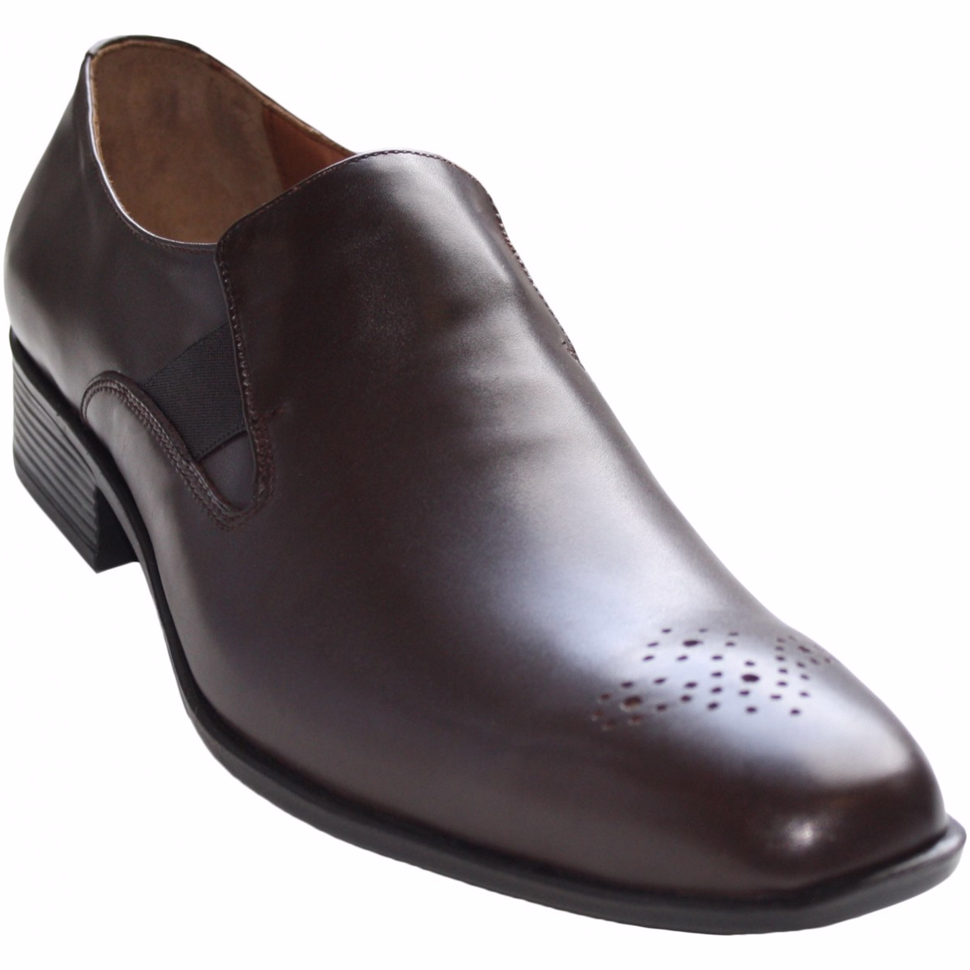 Vorderansicht brauner, handgefertigter Business-Schuhe mit Mixed-Toe-Cap-Design und kurzem Schaft. Diese einfach anzuziehenden Schuhe bieten einen sicheren Sitz, sind aus feinstem Rindsleder gefertigt und mit einer robusten Gummisohle ausgestattet.