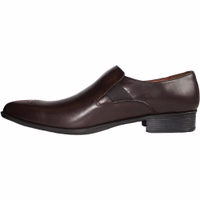 Men's leather Shoes Brown A side view of premium cowhide leather shoes showcasing their elegant design. These business shoes feature a slip-on style for easy wear and a secure fit. The brown color and standard sole width enhance their sophisticated look.