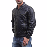 Leather Jacket for men by German Wear Side view of German Wear men’s genuine lamb nappa leather jacket in black. Soft, durable, and designed for comfort with inside and outside pockets. A trendy men’s motorcycle-style leather jacket, perfect for casual fashion and everyday wear.