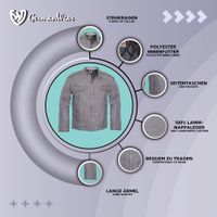 Inner view of Functional Design Men's Grey Nappa-Leather Jacket featuring hidden zip pockets & an additional push-button on top. Made from soft lamb nappa leather for ultimate comfort. Designed by German Wear. Free next business day delivery.