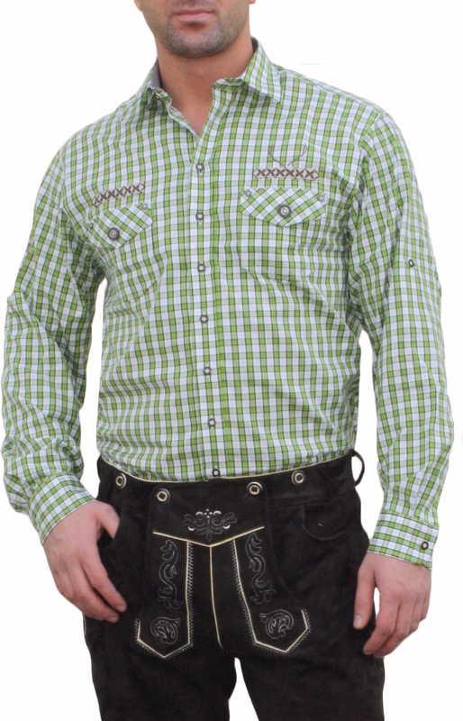 German Wear, Trachtenhemd für Lederhosen mit Verzierung grün/kariert