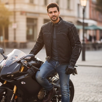 Lifestyle-Ansicht der schwarzen Herren-Motorradjacke.