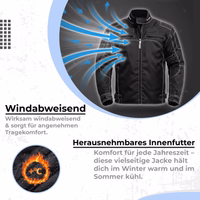 Schwarze Textil-Motorradjacke mit herausnehmbarem Innenfutter und winddichtem Design.