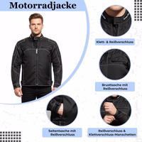 Fahren Sie mit Vertrauen in dieser langlebigen Cordura-Jacke – ausgestattet mit Ganzkörper-Protektoren, verstellbarer Taille.