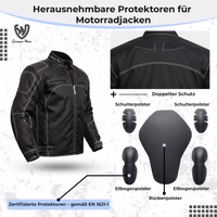 Diese schwarze Cordura-Motorradjacke verfügt über Protektoren an Brust, Rücken, Schultern und Ellbogen sowie über einen Reißverschluss- und Klettverschluss. Das Innenfutter ist herausnehmbar.
