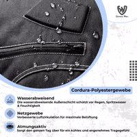 Schwarze Textil-Motorradjacke aus wasserabweisendem Cordura-Polyester mit Mesh-Gewebe zur Belüftung.