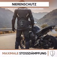Motorcyclist on a road wearing a black lumber kidney belt with the texts “Kidney protection”, “Protects against impacts while cycling”, and “Maximum shock absorption”.
