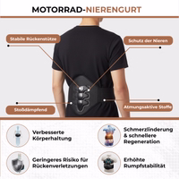 Person wearing a black motorcycle kidney lumber belt with texts about back support, shock absorption, and kidney protection.