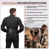 Person wearing a black kidney lumbar belt with texts about back support, pain reduction, and protection while riding.