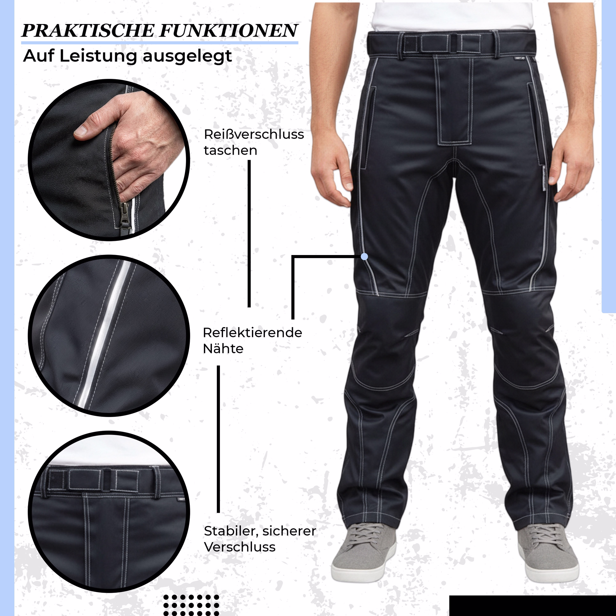 Schwarze Textil-Motorradhose mit Reißverschlusstaschen, reflektierenden Nähten und Frontverschluss