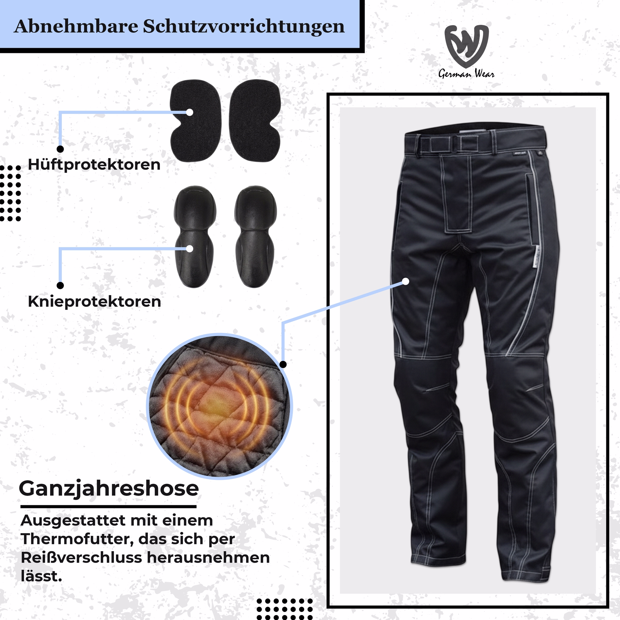 Schwarze Textil-Motorradhose mit herausnehmbaren Hüft- und Knieprotektoren sowie herausnehmbarem Thermofutter