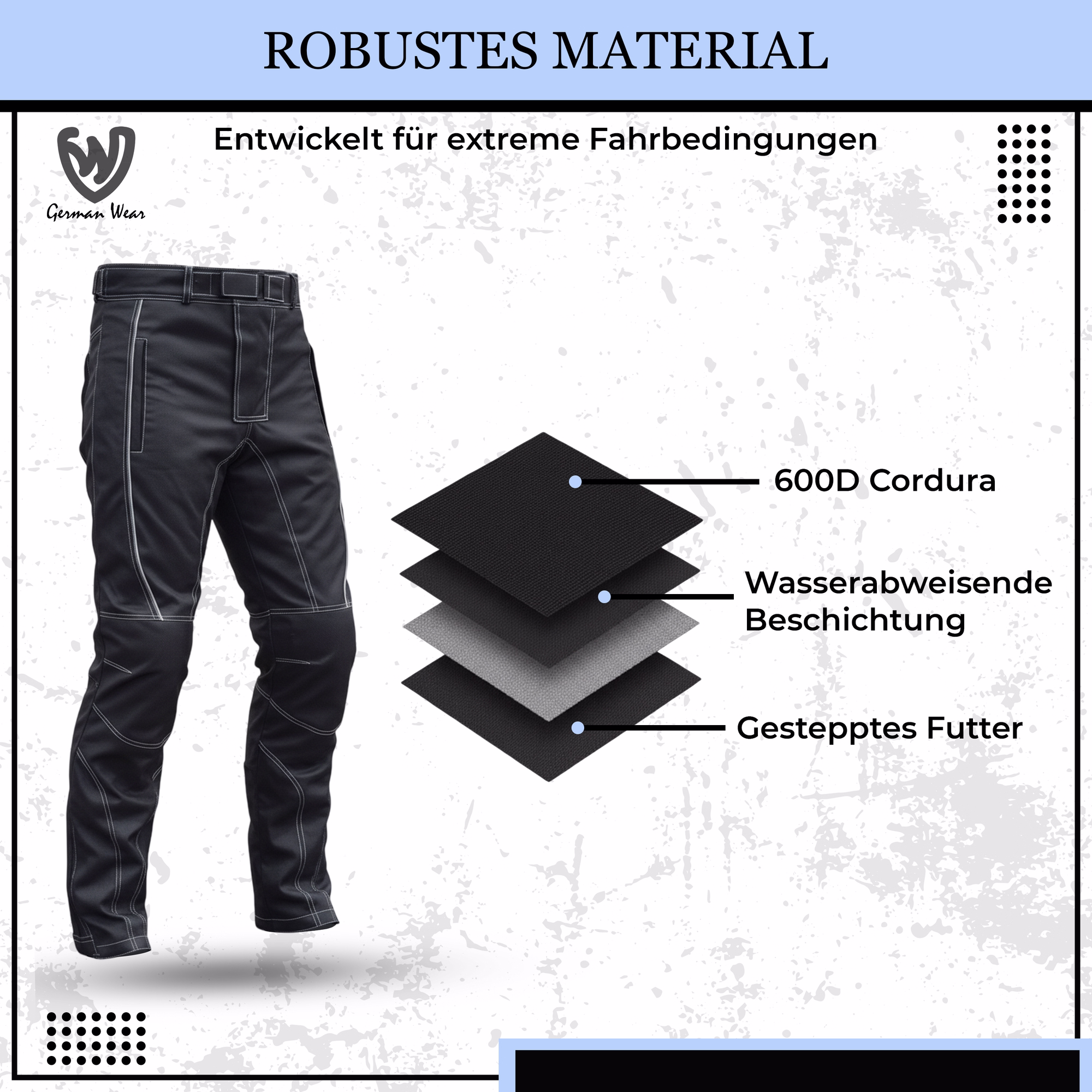 Schwarze Textil-Motorradhose aus 600D Cordura mit wasserabweisender Beschichtung und gestepptem Innenfutter