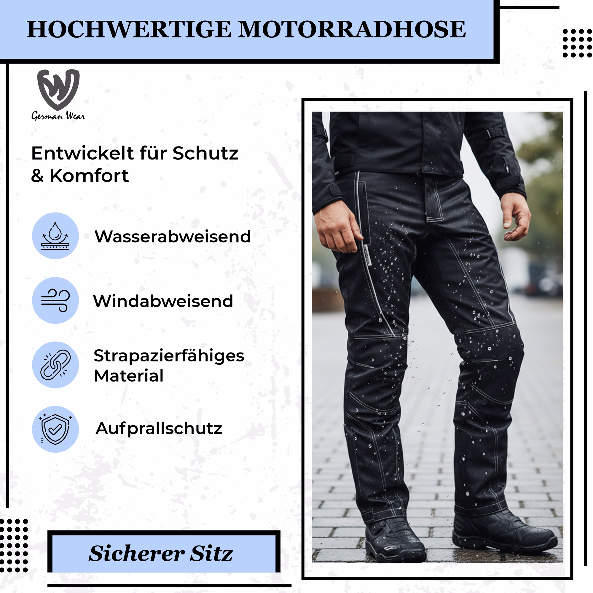 Schwarze Textil-Motorradhose mit wasserabweisender und winddichter Ausrüstung sowie Aufprallschutz