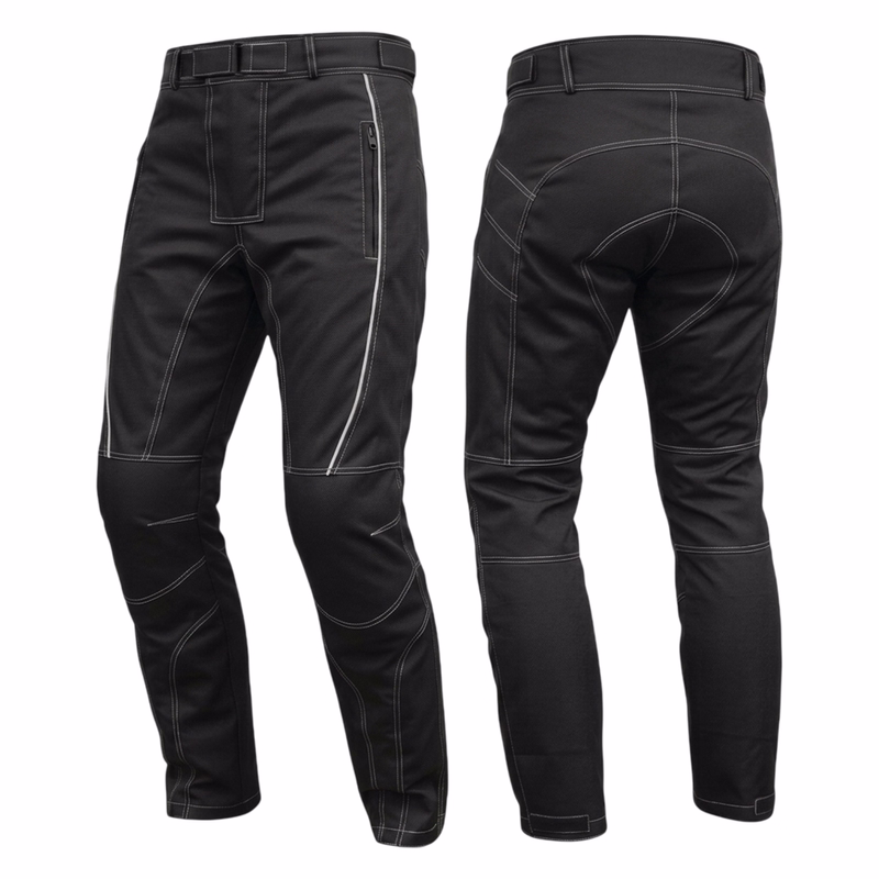 Motorbike trousers Cordura textile Combi trousers Front & rear view of black Cordura motorbike trousers—windproof, protective, and all-weather ready with removable lining & knee guards. Ride safe, ride smart. Order now for free next-day delivery!