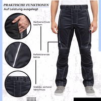 Black textile motorcycle pants with zippered pockets, reflective seams, and front closure