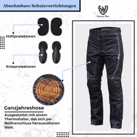Black textile motorcycle pants with removable hip and knee protectors and removable thermal lining