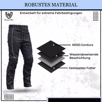 Black textile motorcycle pants made of 600D Cordura with water-repellent coating and quilted lining