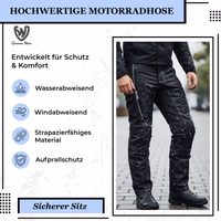 Black textile motorcycle pants with water-repellent and windproof finish, impact protection