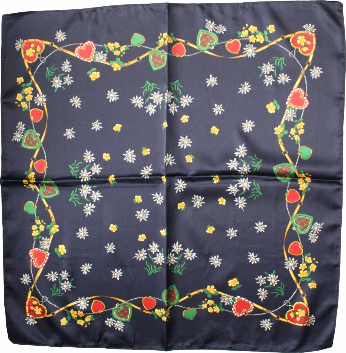 Stylish German costume scarf in dark blue with heart pattern, made in Italy from soft polyester. A versatile dirndl scarf or neckerchief, ideal for Oktoberfest accessories, traditional outfits, or paired with jewelry.