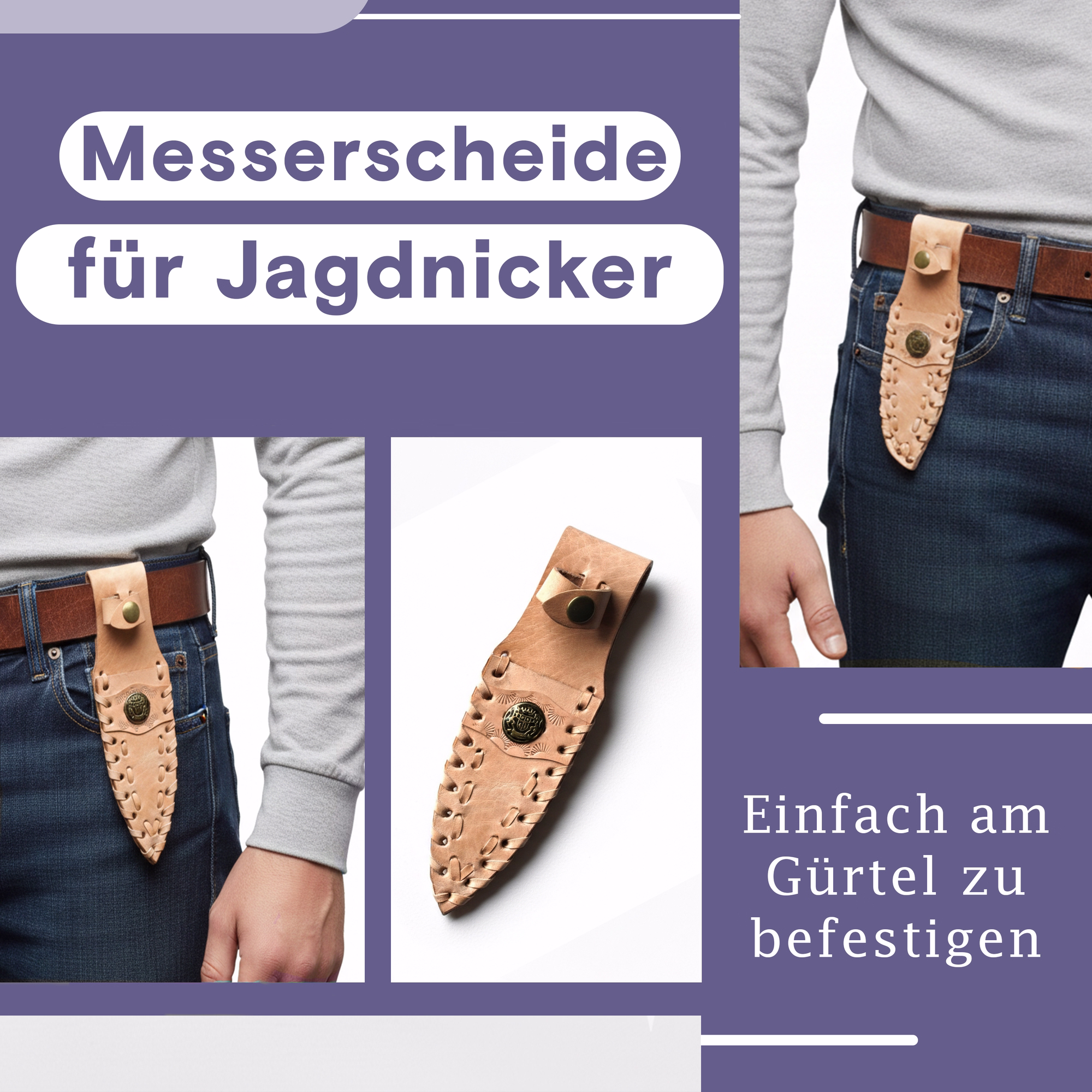 Beige Leder-Messerscheide mit Gürtel­schlaufe, schräge Ansicht mit Seiten- und Rückansicht