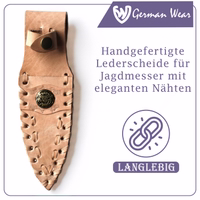 Beige knife sheath genuine leather Close-up of brown leather knife sheath showing detailed handcrafted stitching along the edge