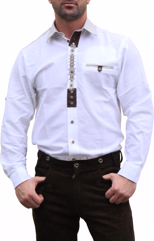 Herren Trachtenhemd aus Bayern Frontansicht Herren Trachtenhemd – Weißes Baumwoll-Karnevalshemd mit eleganter Stickerei und aufrollbaren Ärmeln. Authentisches OS-Trachtenhemd von German Wear für Herren. Jetzt Ihr traditionelles bayerisches Hemd online kaufen!