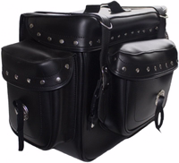 Motorrad-Satteltasche und Sissybar-Tasche Seitenansicht der Motorrad-Satteltasche und Sissybar-Tasche in Schwarz. Strapazierfähige und stilvolle Motorradtasche im Premium Vintage-Stil aus Kunstleder. Praktische Sissybar-Tasche für Stauraum und Stil.