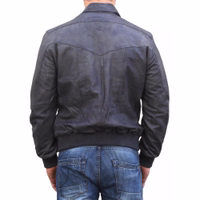 Back view of a men's gray leather jacket with a full zipper, Kent collar, and a single-colored pattern. The jacket features side pockets and a breast pocket.
