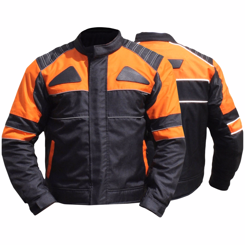 Cordura Textile Motorcycle combinable Jacket In black and orange, the men's Cordura motorcycle jacket showcases both front &rear views. It's outfitted with protectors for arms, elbows, chest, shoulders, &back. Additionally, it includes two front side pockets with hidden zippers