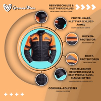 Men's motorcycle jacket in Black/Orange front view, with zipper & Velcro closures, equipped with arm, shoulder, elbow, back & chest protectors. Features adjustable Velcro sleeves. Crafted from Cordura polyester