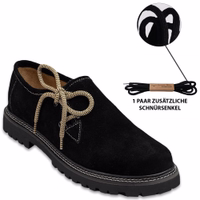 Klassische bayerische Haferl-Lederhosen-Schuhe aus schwarzem Veloursleder, bequem und robust, inklusive eines zusätzlichen Schnürsenkelpaars.