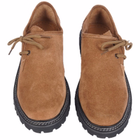 A pair of antique brown Bavarian traditional shoes featuring a short shaft and round toe cap. They have lace fastening and a sturdy block heel, crafted from 100% suede leather with a soft leather interior for added comfort.