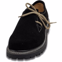 Vorderansicht klassischer schwarzer Veloursleder-Schuhe mit Blockabsatz und Schnürung. Handgefertigt aus 100 % robustem Veloursleder mit rahmengenähter Konstruktion, passend zu traditionellen Trachten.