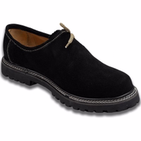 Seitenansicht klassischer bayerischer schwarzer Lederschuhe mit Blockabsatz und Gummisohle. Weiches Innenleder unterstreicht das traditionelle Design. Unverzichtbar für die klassische deutsche Tracht.